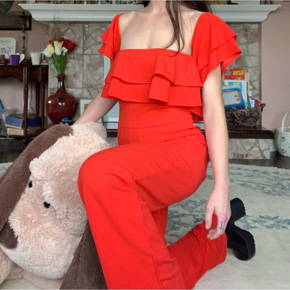 Revamped Coral Red Ruffled Jumpsuit - Picture 7 of 13